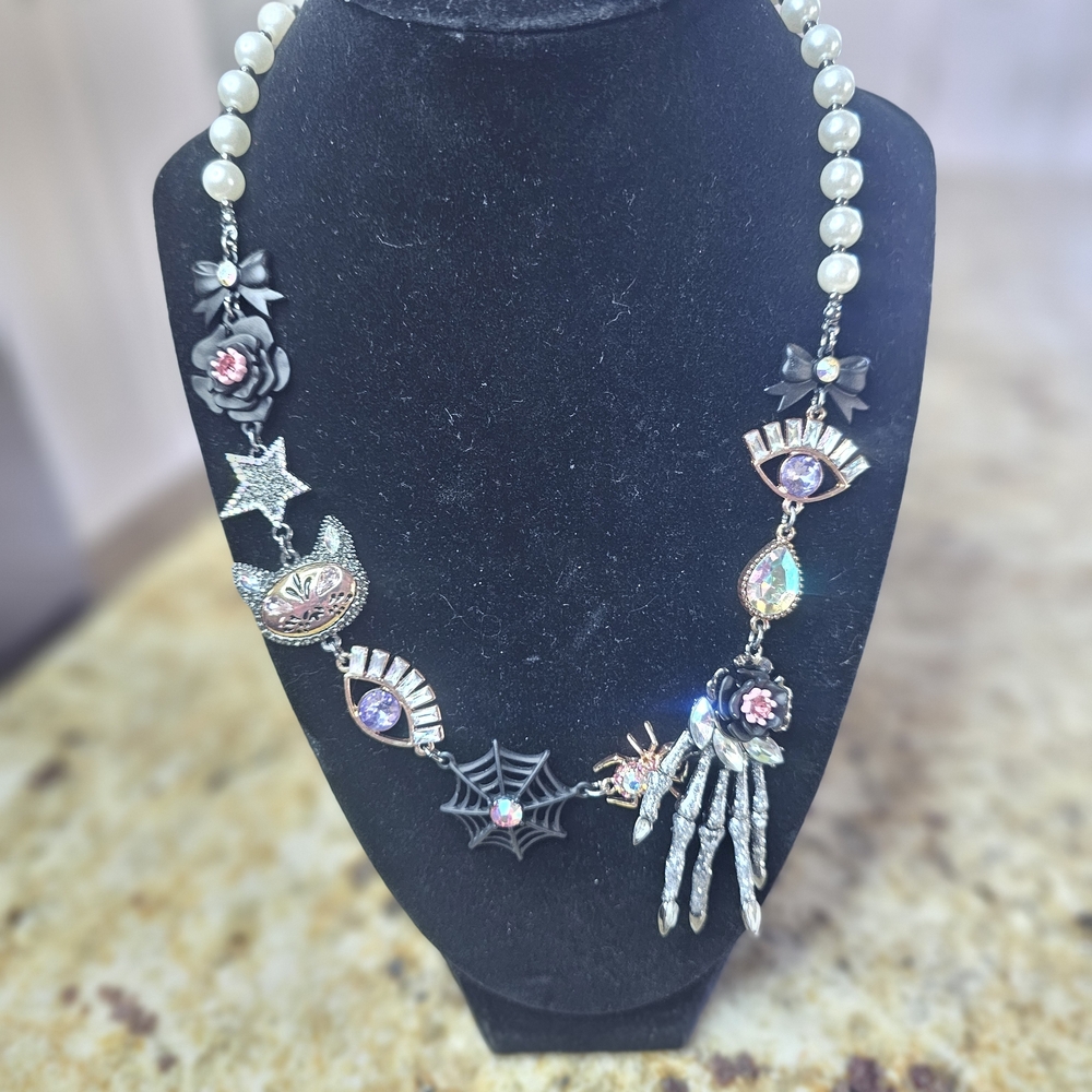 Pearl & Black Gothic Charm Necklace with Pink and Purple Accents - Picture 2 of 6